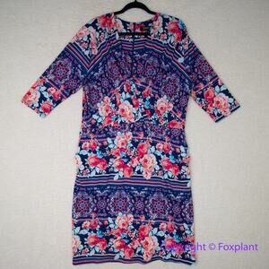 Single floral print three quarter‎ sleeve sheath dress wrap front, size 1X